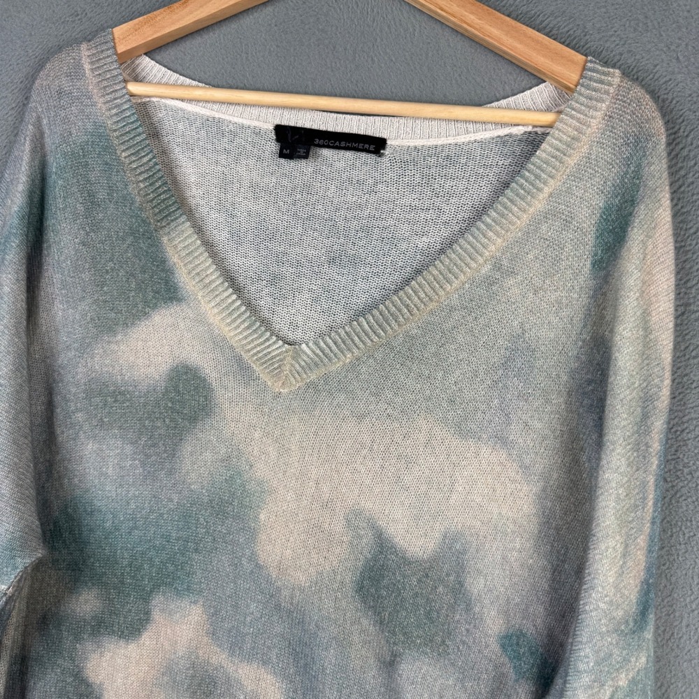 360Cashmere Women M Blue Green Tie Dye 100% Cashmere V-Neck Pullover Sweater